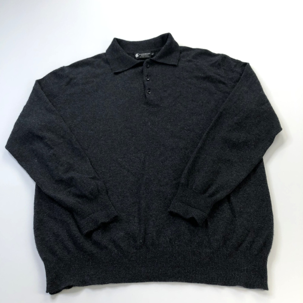 Cashmere Boutique Large Mens Pullover Button Polo Collared Sweater Gray